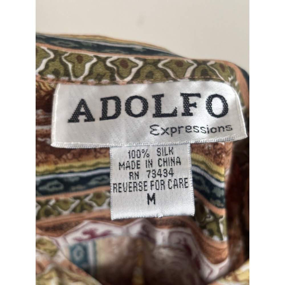 Vintage 80s Adolfo Expressions Womens Medium SILK Button Up‎ Top Brown Blue - Picture 3 of 6